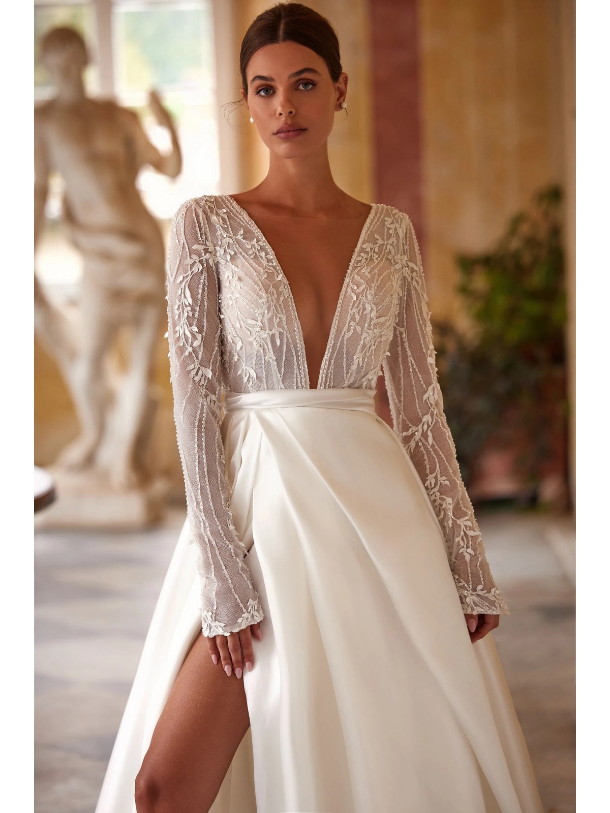 Luxury Wedding Dress - Mikado fabric A-line Deep V-neck Dress with Long lace sleeves - Fascina - LIDA-01364.13.17